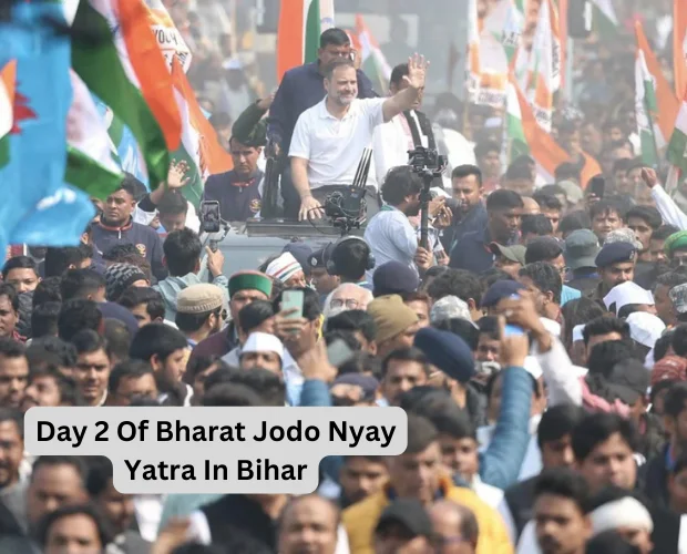 Rahul Gandhi addressing a vibrant crowd at a political rally in Bihar.