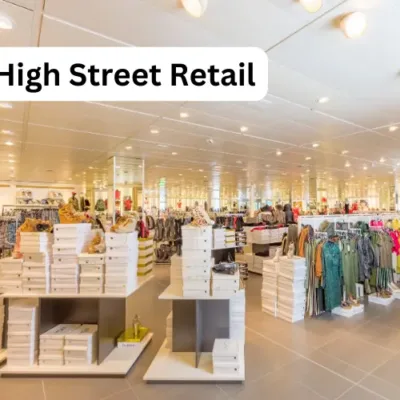 he vibrant and bustling atmosphere of a high street retail district, symbolizing the resurgence of Indian retail with major projects and developments by DLF, Omaxe, and more.