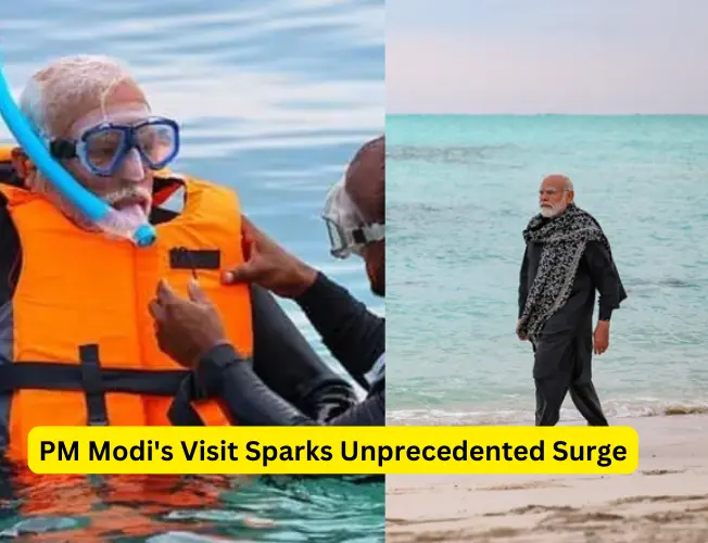A stunning view of Lakshadweep, illuminated by the radiance of Prime Minister Modi's visit, sparking a 3000% surge in online travel interest. Crystal-clear waters, coral reefs, and untouched beauty beckon, making it a must-visit destination in the Indian Ocean.