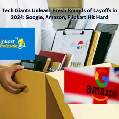 Illustration of a red downturn arrow symbolizing economic challenges in the tech industry. Text overlay: 'Tech Layoffs 2024: Unprecedented Job Cuts at Google, Amazon, Flipkart, and More.