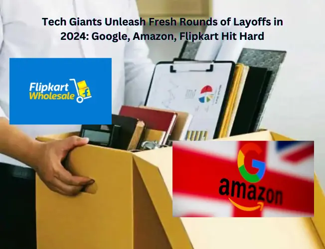 Illustration of a red downturn arrow symbolizing economic challenges in the tech industry. Text overlay: 'Tech Layoffs 2024: Unprecedented Job Cuts at Google, Amazon, Flipkart, and More.