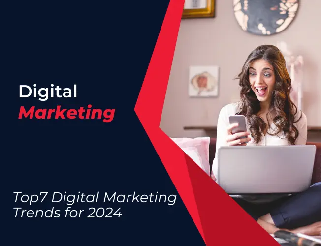 A futuristic digital marketing concept illustration depicting cutting-edge strategies for 2024, including AI personalization, immersive experiences, and emerging trends in online marketing.
