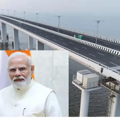 Aerial view of Atal Setu, the Mumbai Trans-harbour link, stretching across the sea with six lanes, showcasing India's longest sea bridge, a symbol of engineering excellence and connectivity