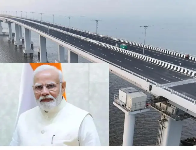 Aerial view of Atal Setu, the Mumbai Trans-harbour link, stretching across the sea with six lanes, showcasing India's longest sea bridge, a symbol of engineering excellence and connectivity