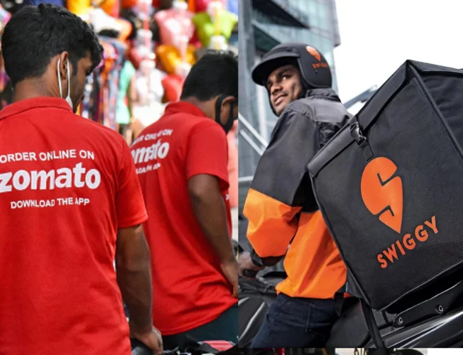 Zomato and Swiggy logos on a mobile device screen.