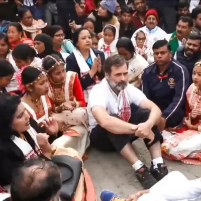 Rahul Gandhi addressing the media during a sit-in protest after being denied entry to Batadrava Satra Temple in Assam