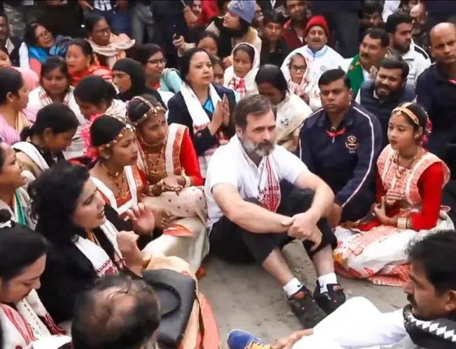 Rahul Gandhi addressing the media during a sit-in protest after being denied entry to Batadrava Satra Temple in Assam