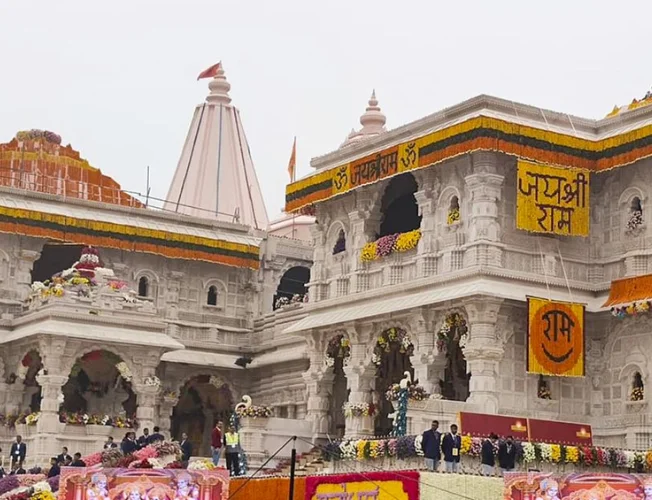 Aerial view of the Ram Janmabhoomi Temple, showcasing its traditional Nagara architecture and impressive design.