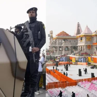 A majestic view of the Ayodhya Ram Mandir adorned for the grand inauguration.