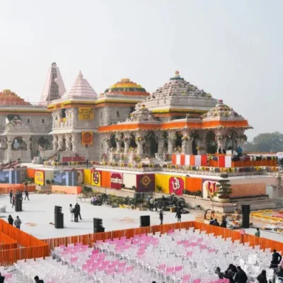 Aerial view of Ayodhya city showing the Ram Mandir and surrounding infrastructure.