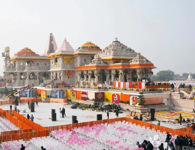 Aerial view of Ayodhya city showing the Ram Mandir and surrounding infrastructure.