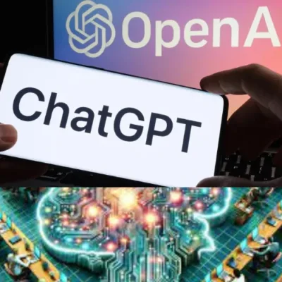 An image depicting the OpenAI logo and the introduction of ChatGPT Team, a collaborative AI service with extended context and customization features for teams.