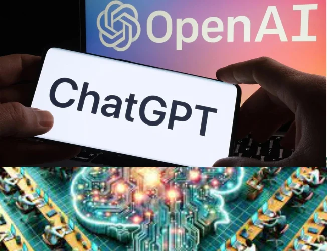 An image depicting the OpenAI logo and the introduction of ChatGPT Team, a collaborative AI service with extended context and customization features for teams.