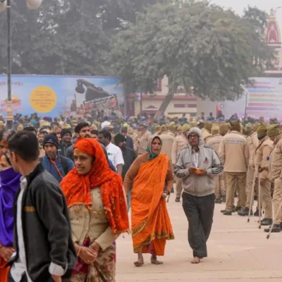 Crowd management personnel overseeing the sealed borders of Ayodhya during the consecration of the Ram Mandir.