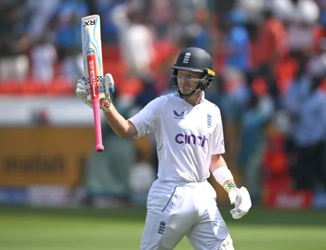 Ollie Pope celebrating his remarkable innings during the first Test against India in Hyderabad.