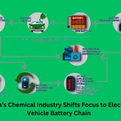 Diverse set of chemical industry components including batteries, Lithium Ion Battery cell structure, and chemical containers symbolizing India's foray into the Electric Vehicle (EV) battery value chain for industrial diversification