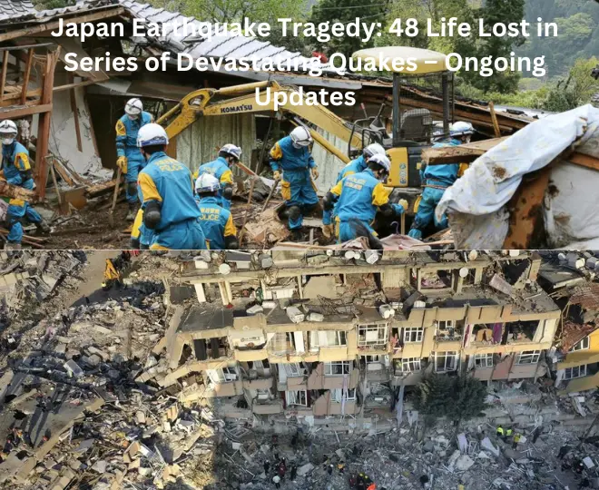 Aerial view of damaged buildings and rescue efforts after the Japan earthquakes, January 2023.