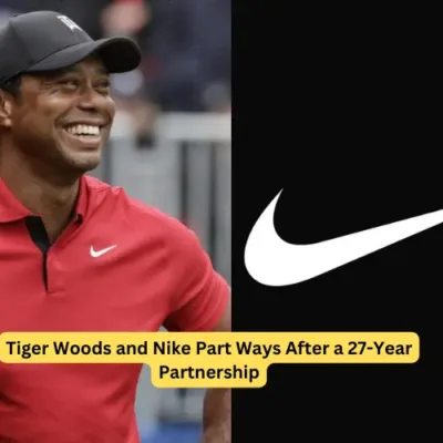 Tiger Woods and Nike logo – A historic partnership concludes after 27 years, symbolizing the end of an era in sports branding.