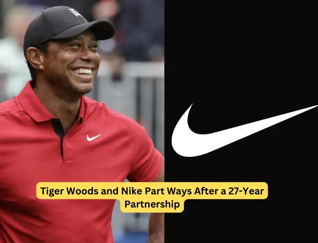 Tiger Woods and Nike logo – A historic partnership concludes after 27 years, symbolizing the end of an era in sports branding.