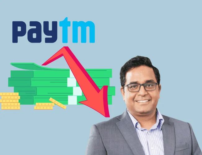 Paytm logo on a smartphone screen displaying financial impact projections.