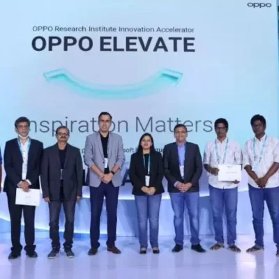 A group of students presenting their Smart Farming System project at OPPO India's Grand Student Innovation Showcase.