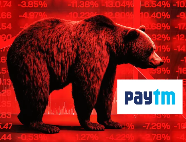 Stock market data displayed on a computer screen showing Paytm's share price decline.