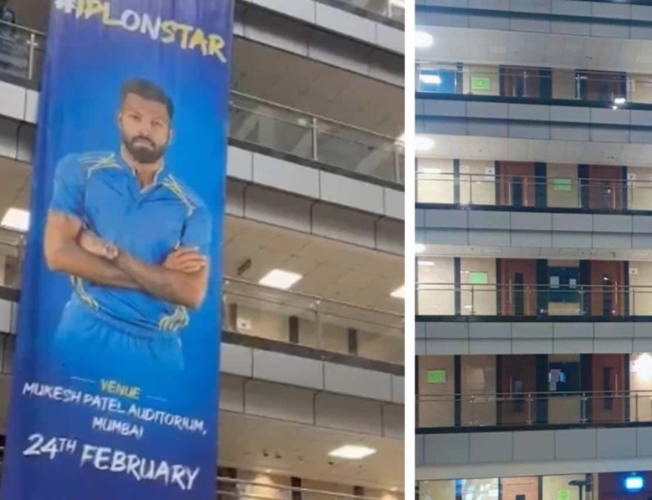 A group of students gathered around a blank space on a wall where a poster used to be, with the caption "Hardik Pandya's poster removed by Rohit Sharma fans.