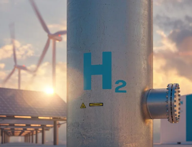 Futuristic image of a green hydrogen production facility, symbolizing Acme's ambitions.