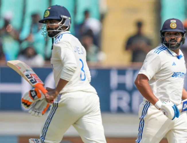 India vs England Test match, Day 2, Jurel batting, Ashwin bowling.