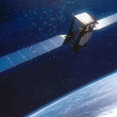 Illustration of anti-satellite weapon attack, satellite damage, space debris.