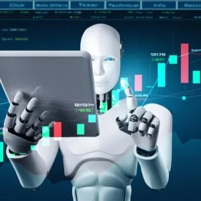 Illustration, trader using GAI for online trading, data analysis, market trends.