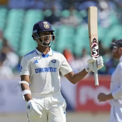 Split image: Jaiswal celebrating double century, Duckett reacting in match.