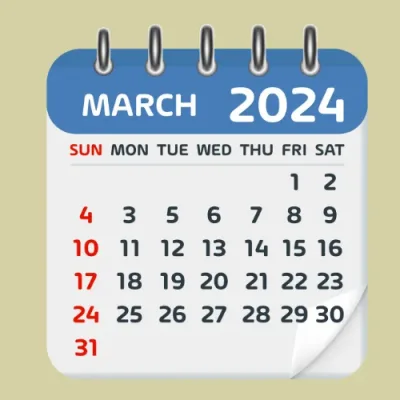 Calendar graphic with March highlighted, showcasing diverse symbols representing different events.