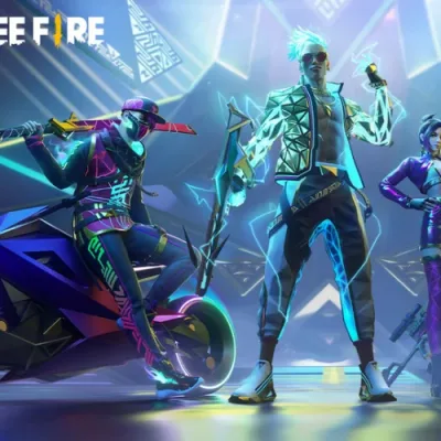 Collage of Free Fire MAX rewards: characters, weapon skins, emotes.