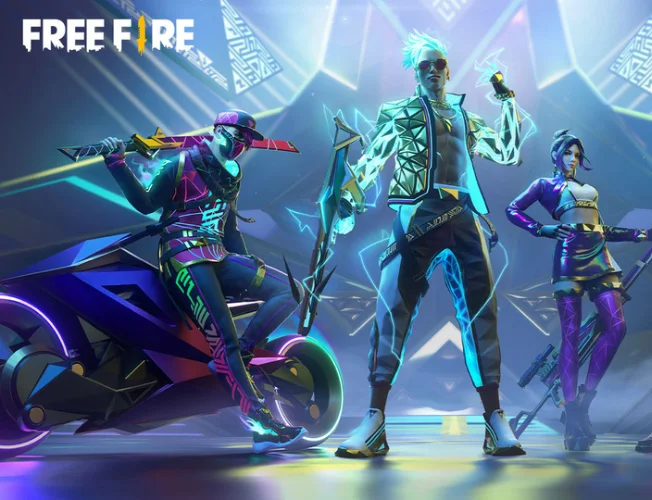 Collage of Free Fire MAX rewards: characters, weapon skins, emotes.