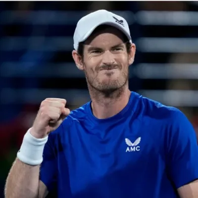 Close-up photo of Andy Murray celebrating a tennis point.