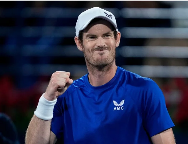 Close-up photo of Andy Murray celebrating a tennis point.