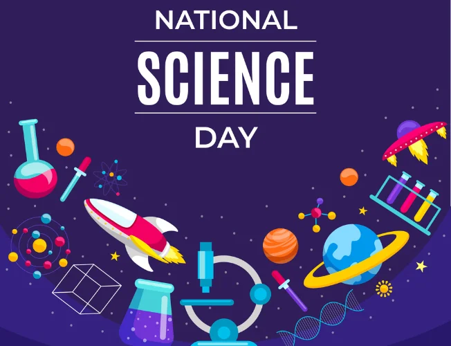 A world map with India highlighted, showcasing diverse scientific symbols like a microscope, DNA model, and rocket, representing the global reach of National Science Day.