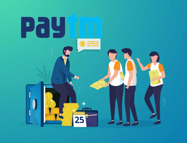 Illustration showing professionals leaving Paytm Payments Bank, symbolizing talent exodus.