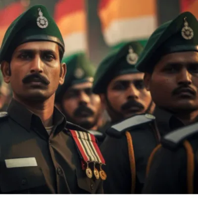 A group of Indian Army soldiers in uniform standing in formation during a training session.