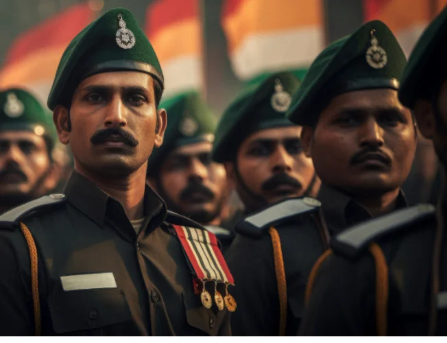 A group of Indian Army soldiers in uniform standing in formation during a training session.