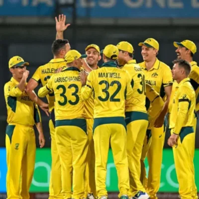 A cricket stadium with players on the field, representing the excitement of the Australia vs West Indies 1st ODI.