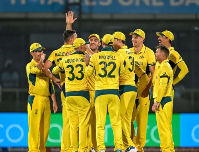 A cricket stadium with players on the field, representing the excitement of the Australia vs West Indies 1st ODI.