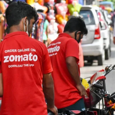 Line graph showing Zomato's food-delivery gross order value (GOV) increasing despite a decline in overall spending, with restaurants joining Zomato platform highlighted.