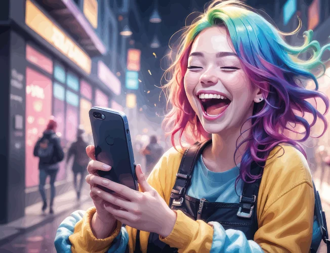 Young woman using a smartphone with a heart symbol,