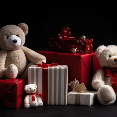 Happy couple holding teddy bears while smiling at each other.