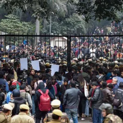Students engaging in a clash at Jawaharlal Nehru University.