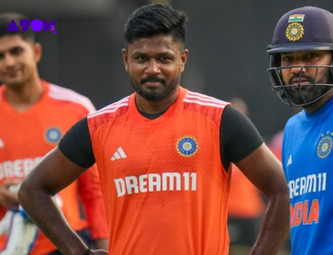 Sanju Samson in conversation with Indian cricket team captain Rohit Sharma during a practice session.