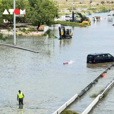 Image depicting flooded streets in Dubai due to heavy rainfall.