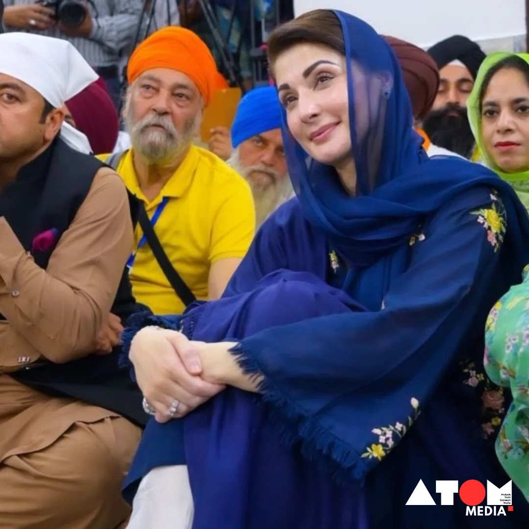 Maryam Nawaz, the Chief Minister of Punjab in Pakistan, addressing Sikh pilgrims at Kartarpur Sahib, echoing her father's message of peaceful relations with neighboring countries.
